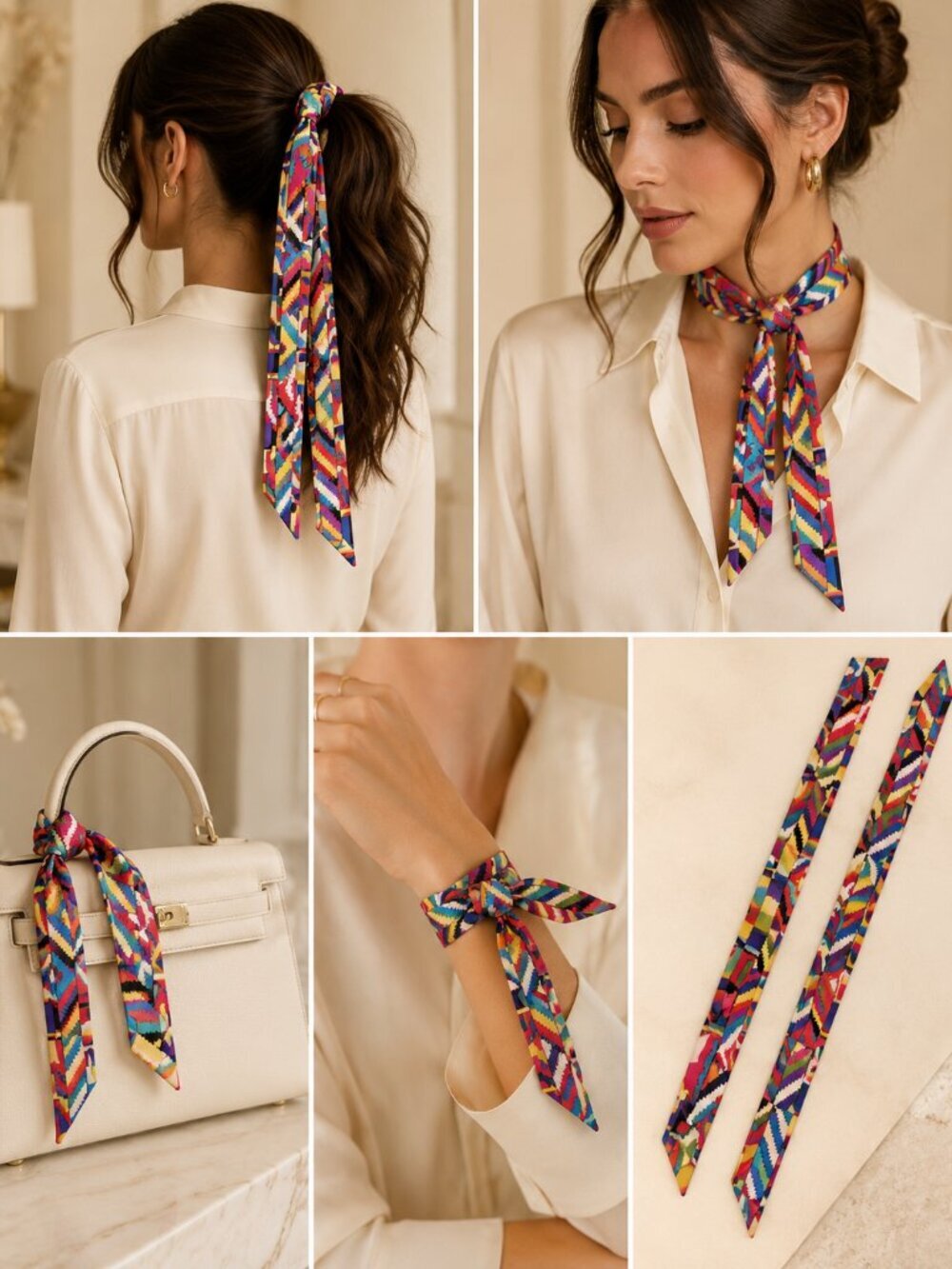 Multicolor Geometric Skinny Scarf Hair Neck Bag Accent